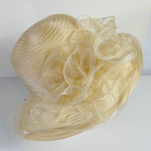 Bellady Wide Brim Church Hat VTG Champagne Wedding Sinamay Formal Church Derby - Picture 5 of 11
